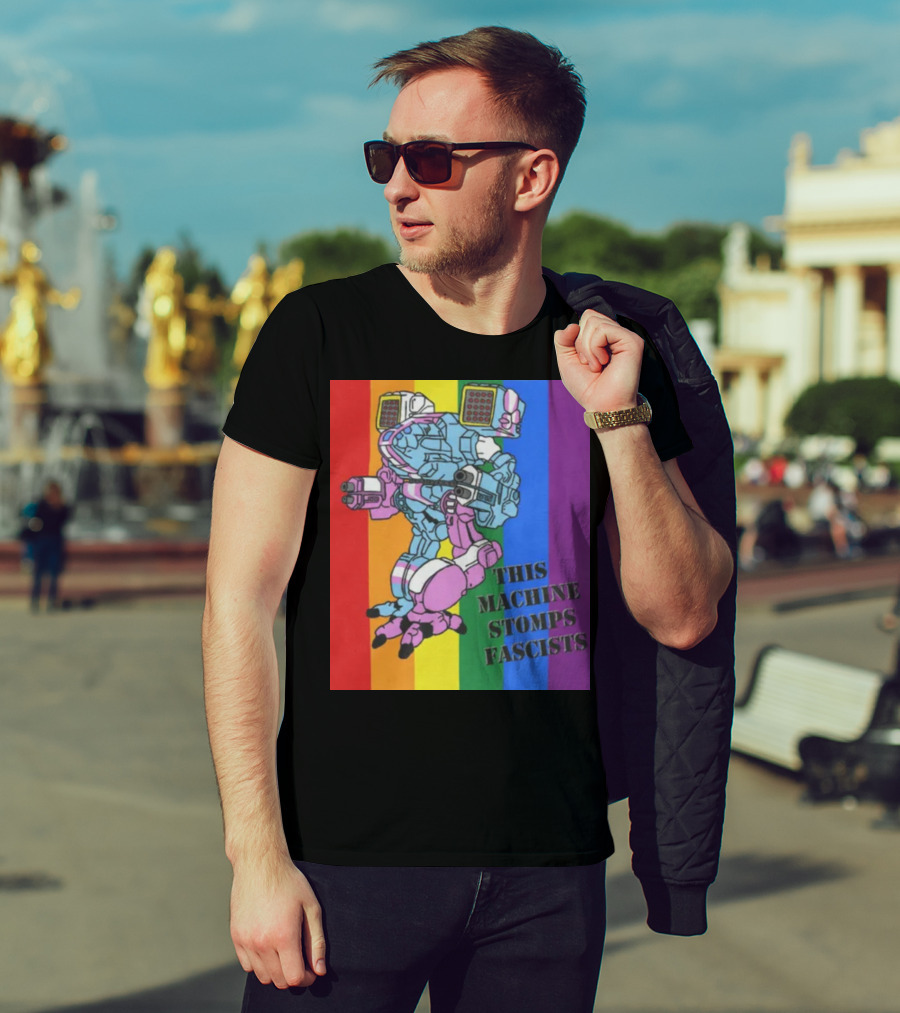 This Machine Stomps Fascists Mech Rainbow Stripes T-Shirt