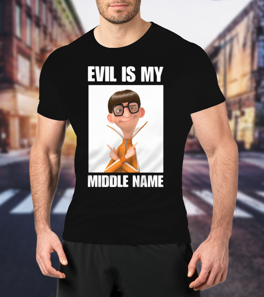 Evil Is My Middle Name Animated Character With Orange Outfit And Glasses T-Shirt