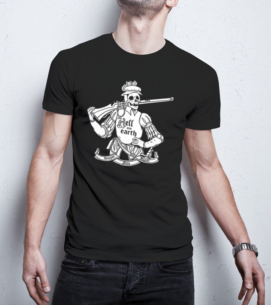 Hell On Earth Semper Finis Mundoi Skeleton Holding Rifle T-Shirt