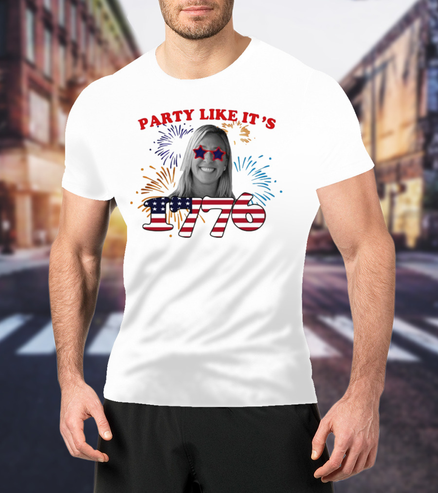 MTG Shop Marjorie Taylor Party Like It's 1776 Fireworks Star Glasses Patriotic T-Shirt