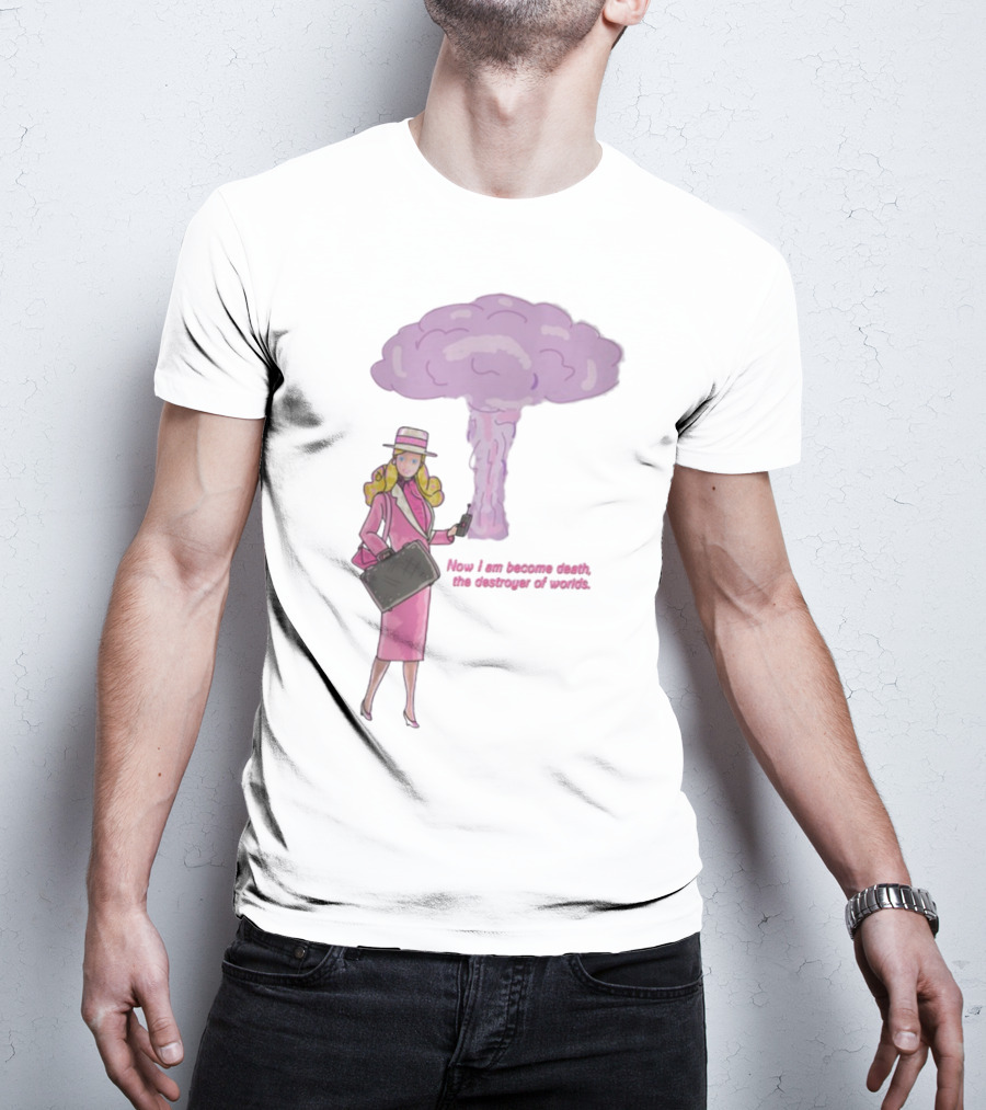 Now I Am Become Death The Destroyer Of Worlds Blonde Woman Pink Outfit Holding Bag Phone With Purple Mushroom Cloud T-Shirt