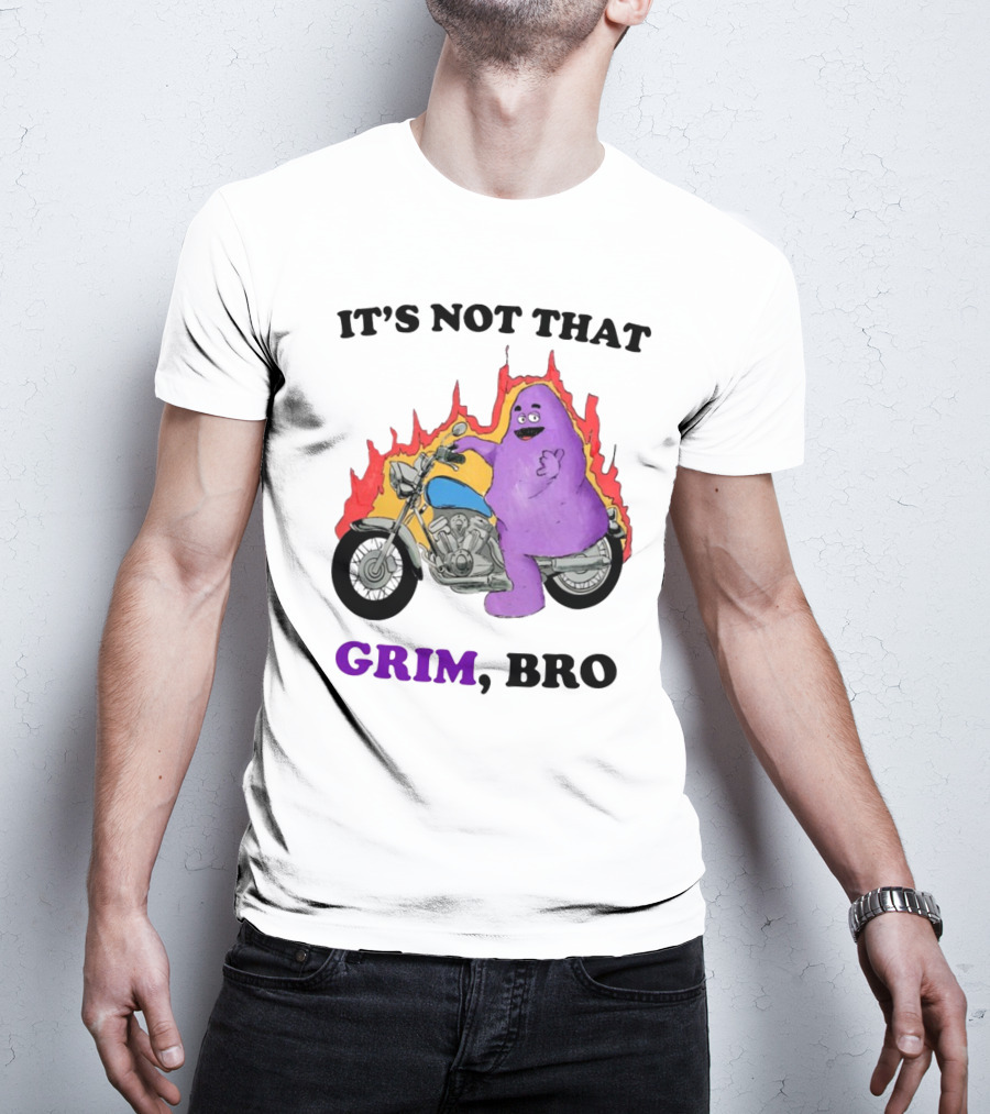 It's Not That Grim Bro Purple Character Riding Motorcycle With Flames T-Shirt