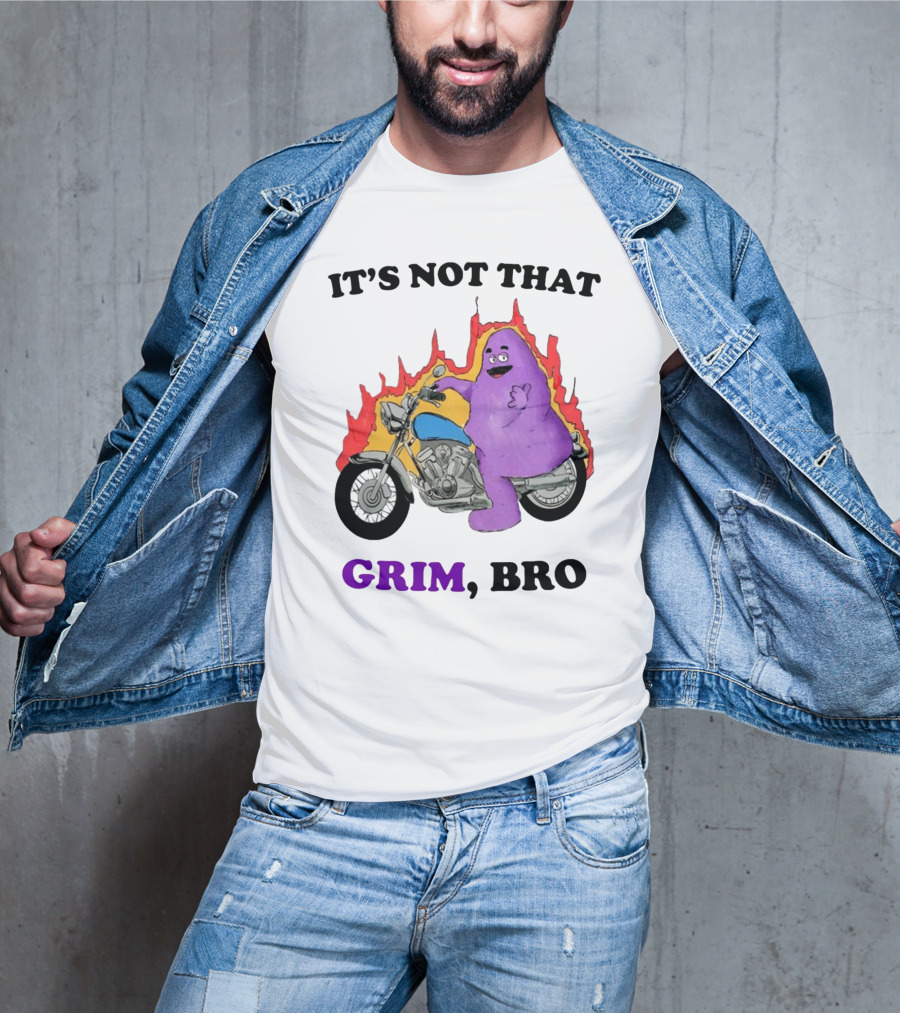 It's Not That Grim Bro Purple Character Riding Motorcycle With Flames T-Shirt