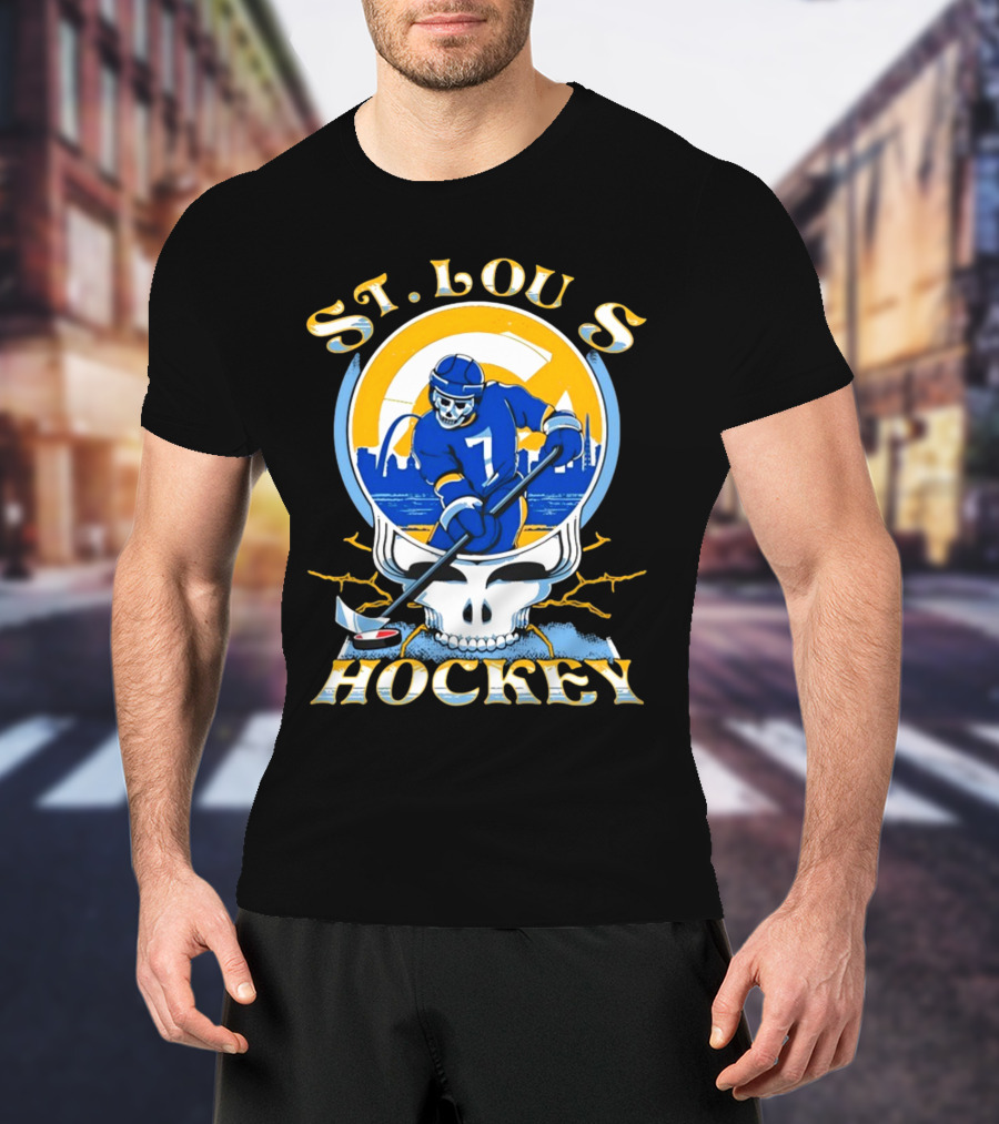St Louis Hockey Grateful Dead Inspired Skeleton Playing Hockey T-Shirt