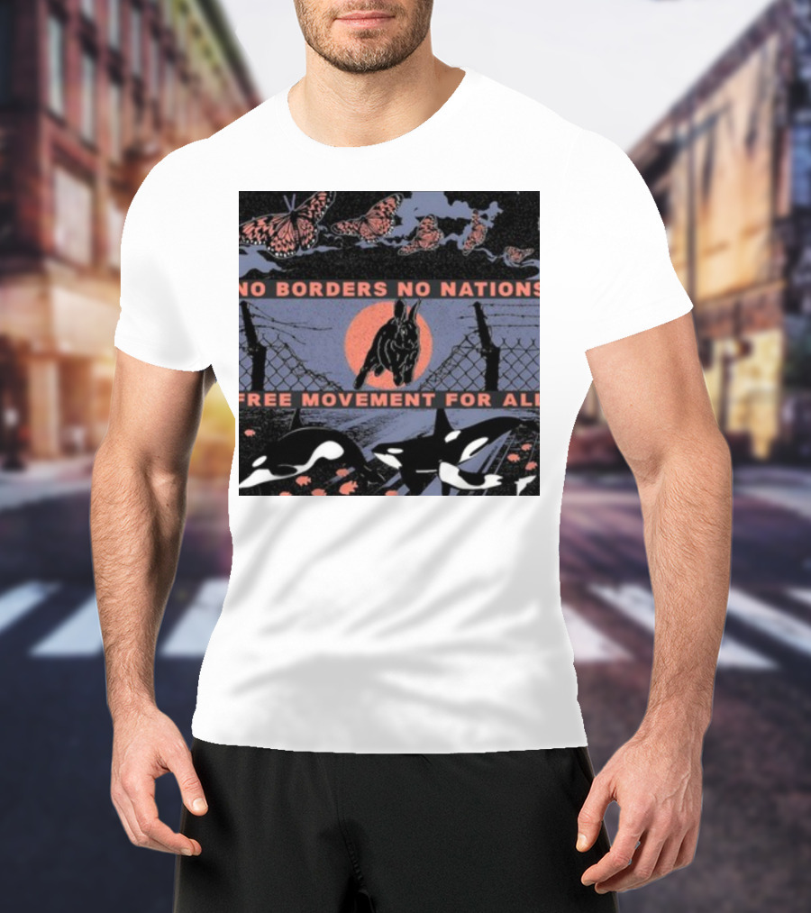 No Borders No Nations Free Movement For All Butterflies Rabbit Orcas Fence Orange Background T-Shirt