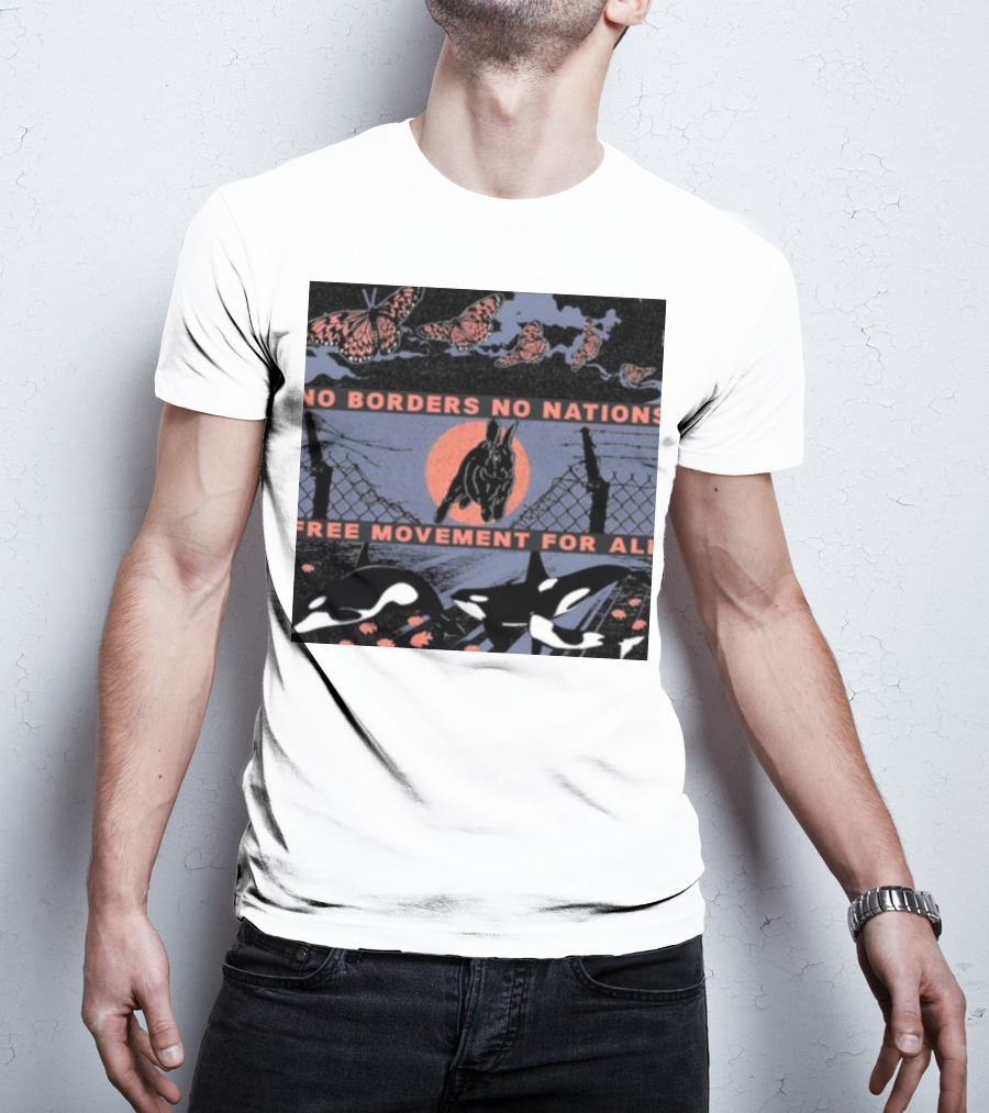 No Borders No Nations Free Movement For All Butterflies Rabbit Orcas Fence Orange Background T-Shirt