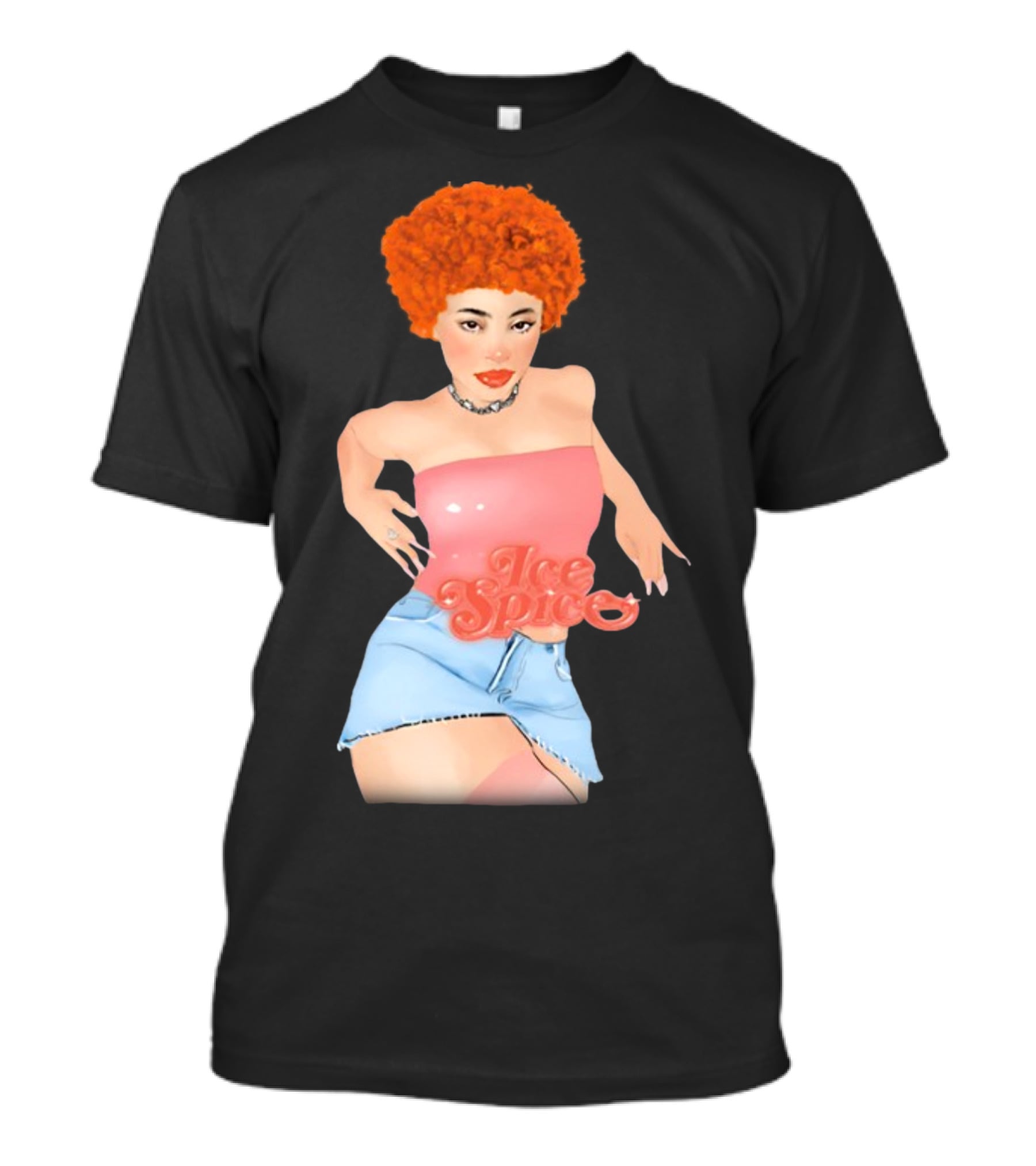 Icespicemusic Ice Spice Red Hair Pink Top Denim Skirt T-Shirt