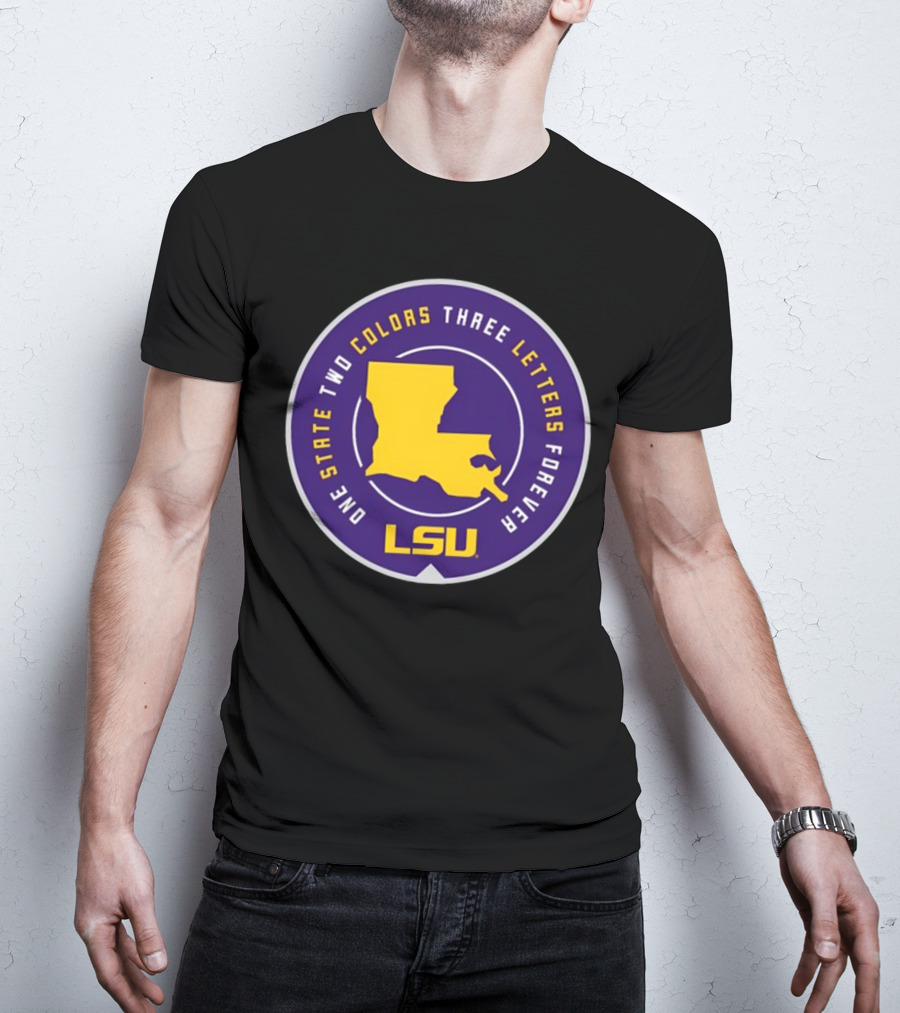 One State Two Colors Three Letters Forever LSU Louisiana Map Purple Gold Circle T-Shirt