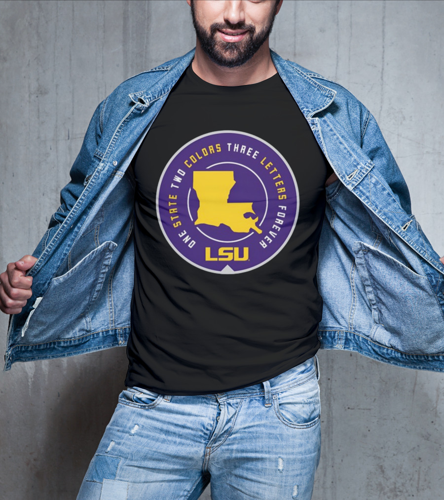 One State Two Colors Three Letters Forever LSU Louisiana Map Purple Gold Circle T-Shirt