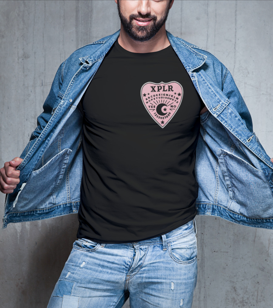 XPLR Planchette ABCDEFGHIJKLMNOPQRSTUVWXYZ YES NO 1234567890 Sam And Colby Ouija T-Shirt