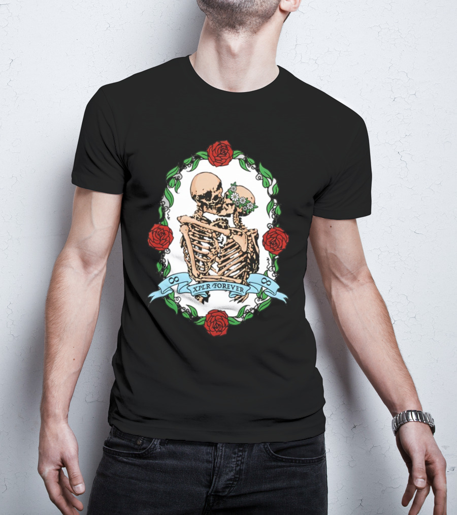 Xplr Forever Skeletons Embrace With Roses And Floral Wreath T-Shirt