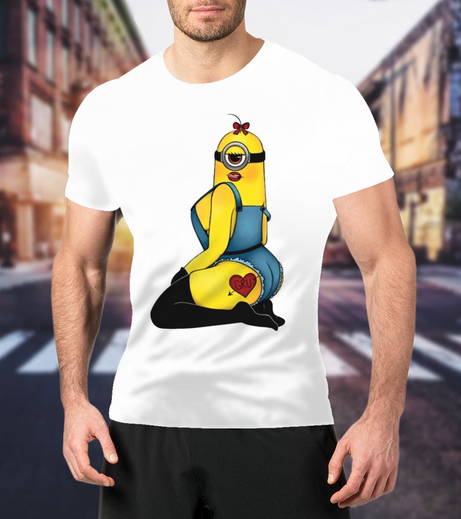 Minion In Blue Overalls With Gru Heart Tattoo And Red Bow T-Shirt