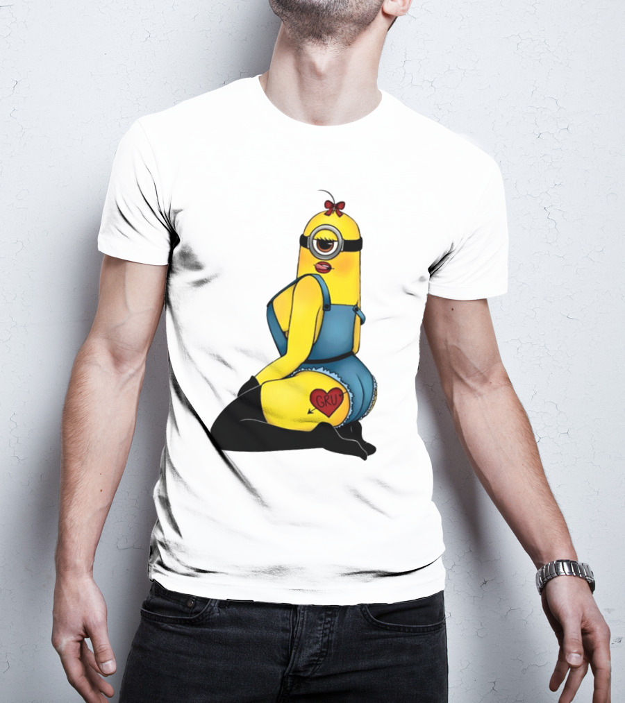 Minion In Blue Overalls With Gru Heart Tattoo And Red Bow T-Shirt