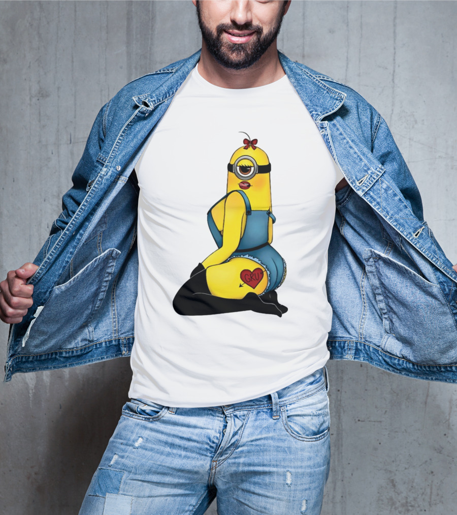 Minion In Blue Overalls With Gru Heart Tattoo And Red Bow T-Shirt