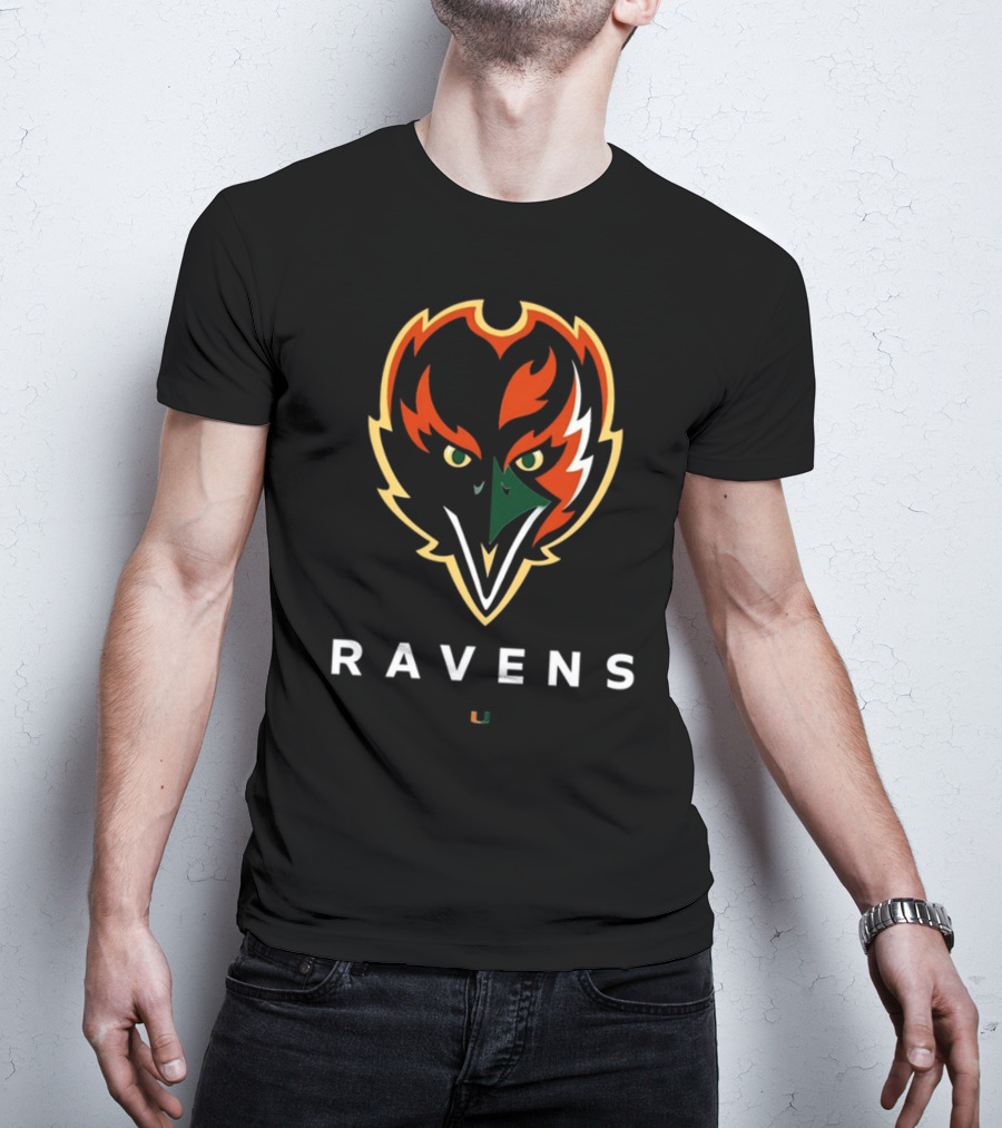 Ravens Logo With University Of Miami Hurricanes Colors T-Shirt