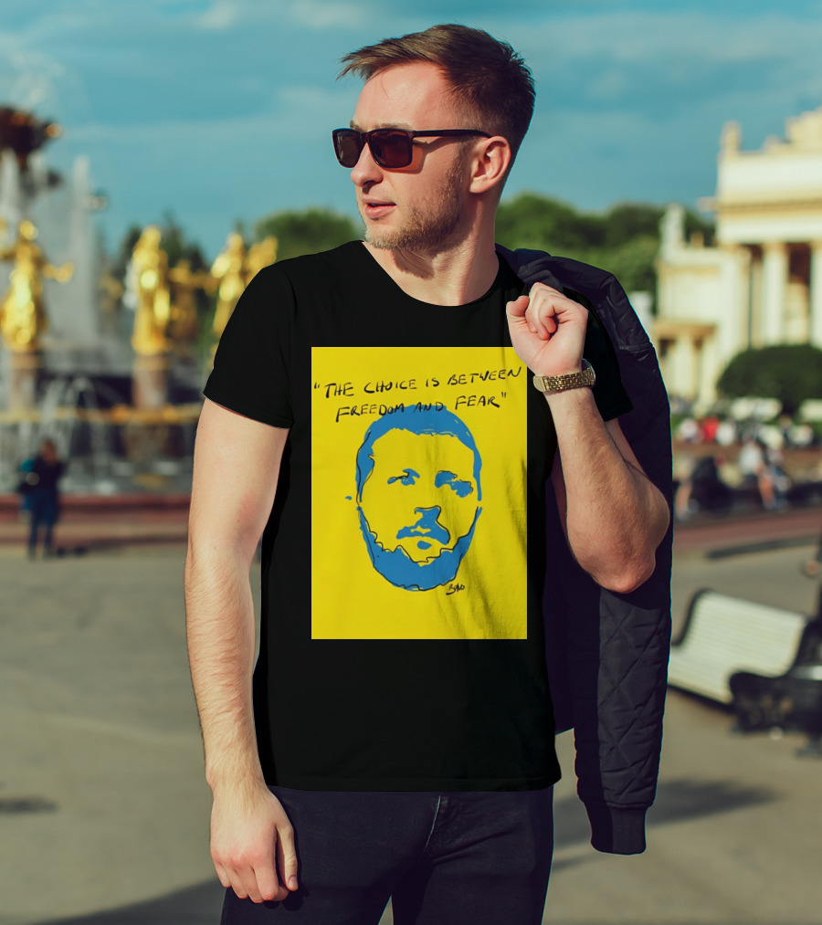 The Choice Is Between Freedom And Fear Blue Portrait Yellow Background T-Shirt