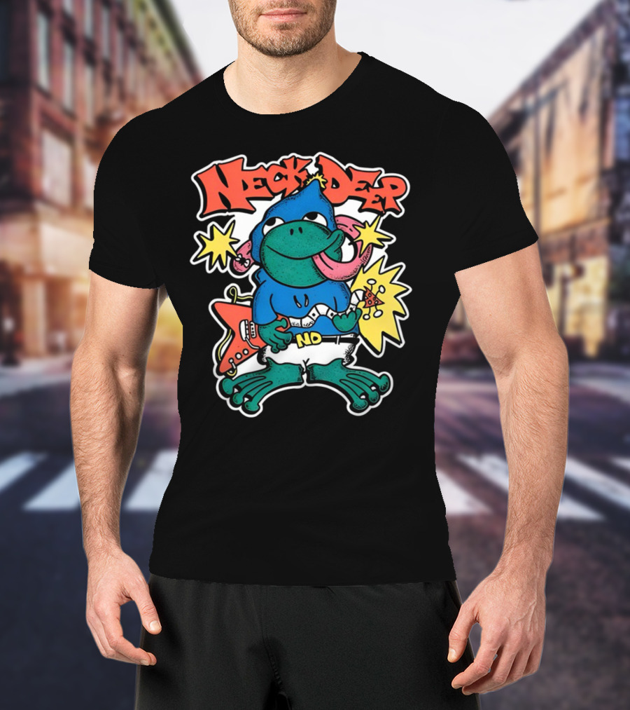Neck Deep Frog Cartoon Character Holding Red Electric Guitar With Stars And No Belt T-Shirt