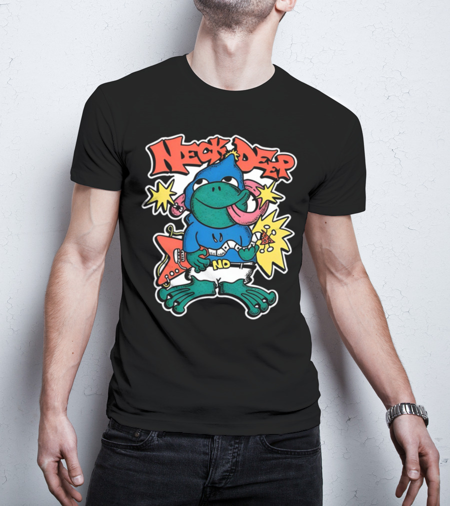 Neck Deep Frog Cartoon Character Holding Red Electric Guitar With Stars And No Belt T-Shirt