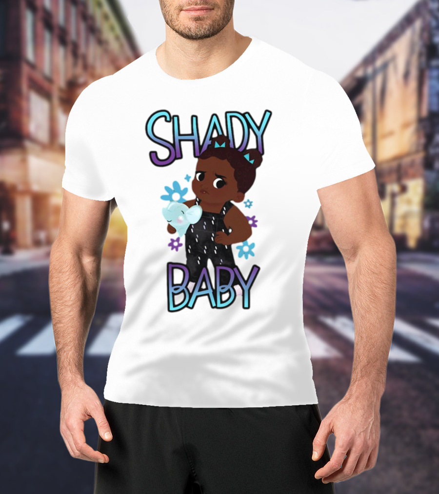 Shady Baby Cute Cartoon Character Holding Blue Elephant With Purple And Blue Flowers T-Shirt