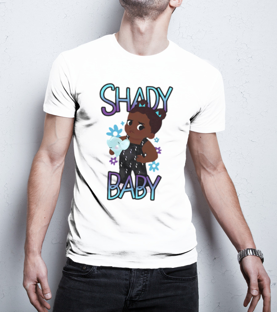 Shady Baby Cute Cartoon Character Holding Blue Elephant With Purple And Blue Flowers T-Shirt