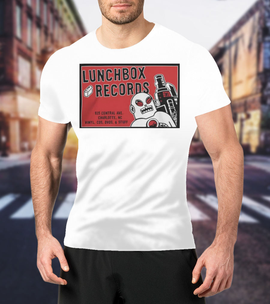 Lunchbox Records 825 Central Ave Charlotte NC Vinyl CDs DVDs Stuff Robot T-Shirt