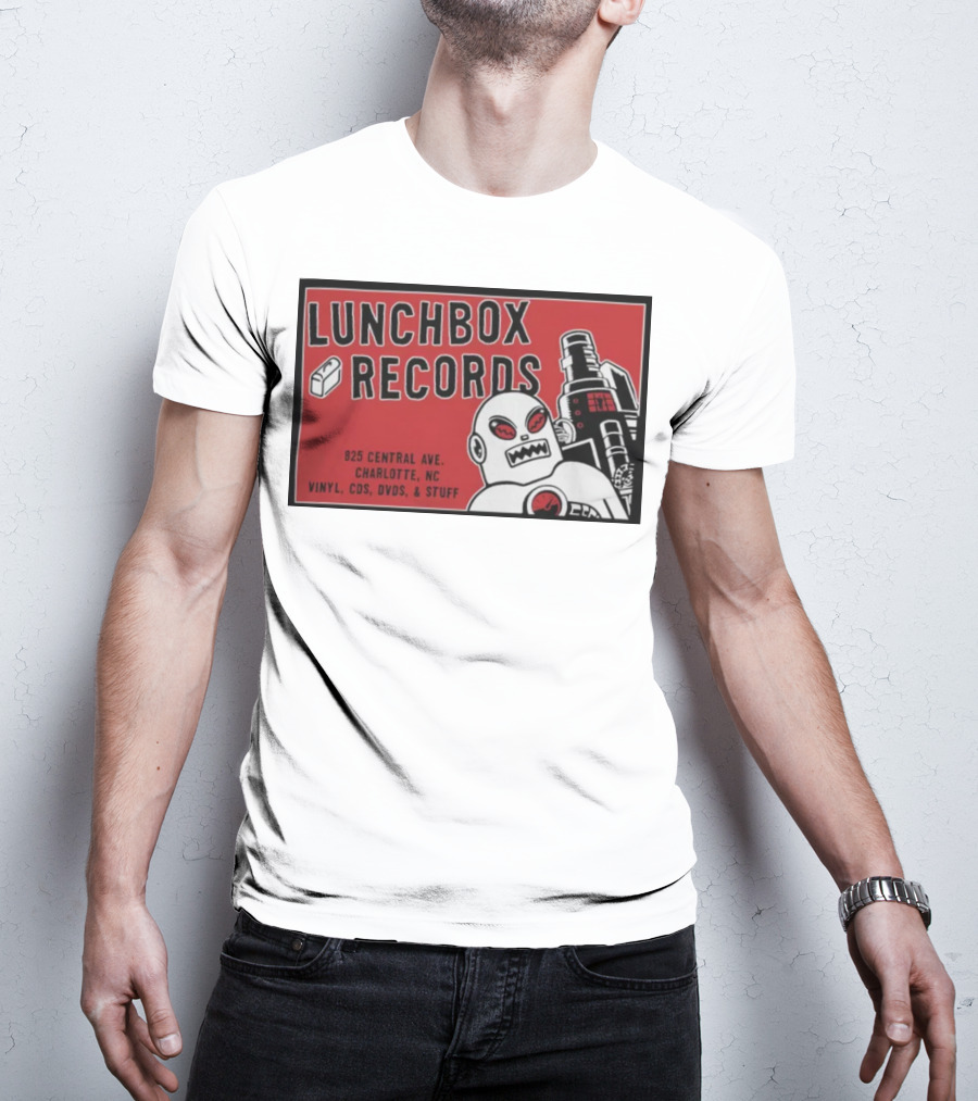 Lunchbox Records 825 Central Ave Charlotte NC Vinyl CDs DVDs Stuff Robot T-Shirt