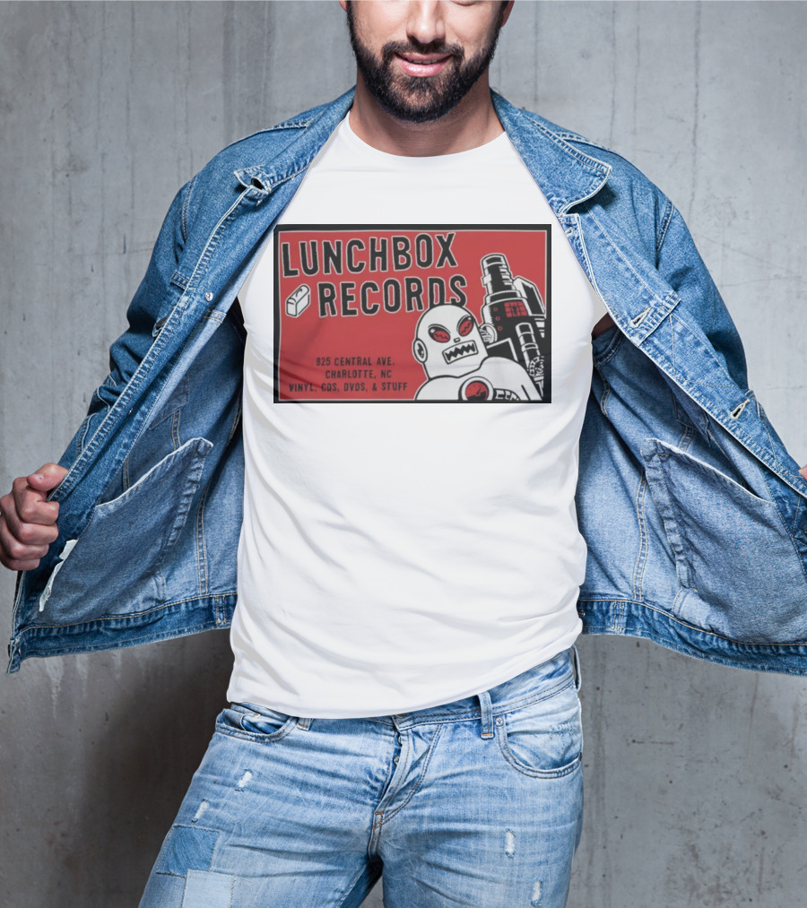 Lunchbox Records 825 Central Ave Charlotte NC Vinyl CDs DVDs Stuff Robot T-Shirt