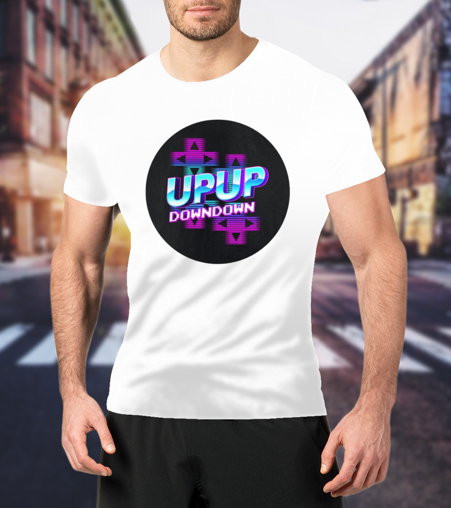 UPUP DOWNDOWN Retro Video Game Arrows Neon Text T-Shirt