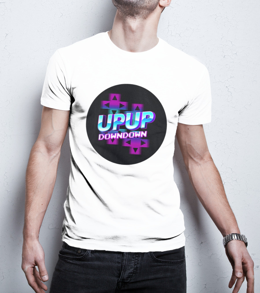 UPUP DOWNDOWN Retro Video Game Arrows Neon Text T-Shirt