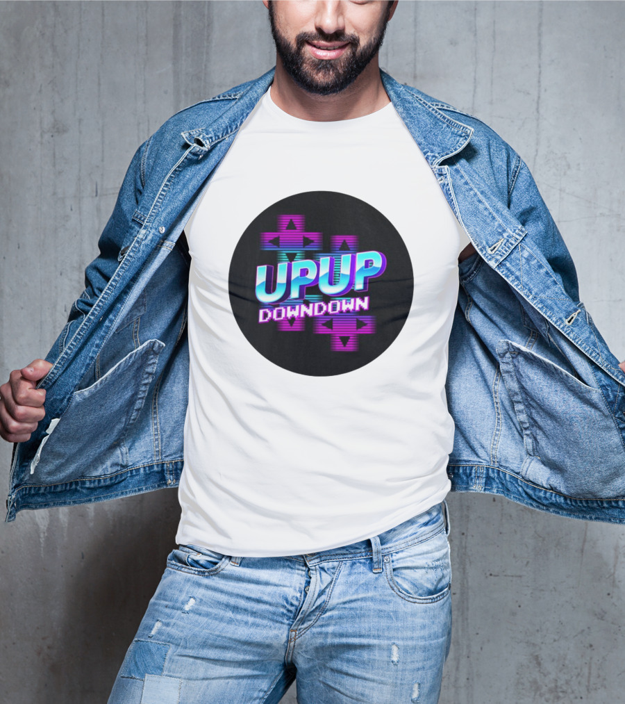 UPUP DOWNDOWN Retro Video Game Arrows Neon Text T-Shirt