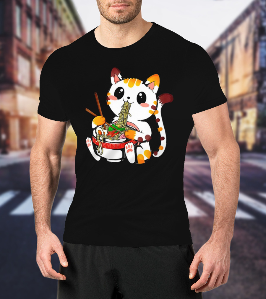 Furia Hiswattson Cat Enjoying Ramen Bowl With Chopsticks T-Shirt