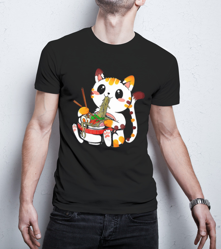 Furia Hiswattson Cat Enjoying Ramen Bowl With Chopsticks T-Shirt