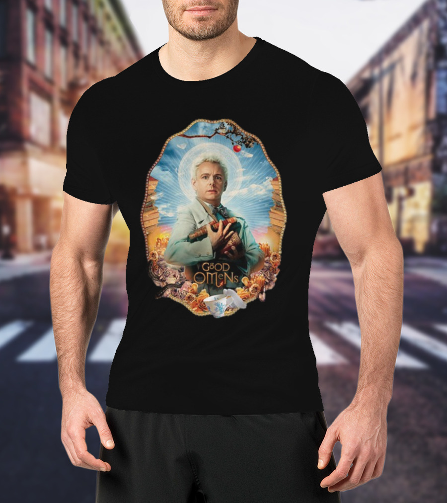 Good Omens Aziraphale Holding Books And Broken Tea Cup With Halo And Clouds T-Shirt