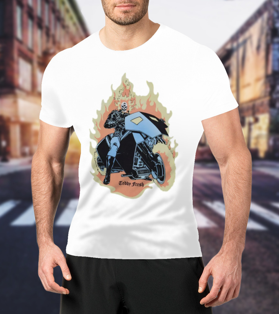 Teddy Fresh Tf X Marvel Ghost Rider Uv Activated Flames Motorcycle T-Shirt