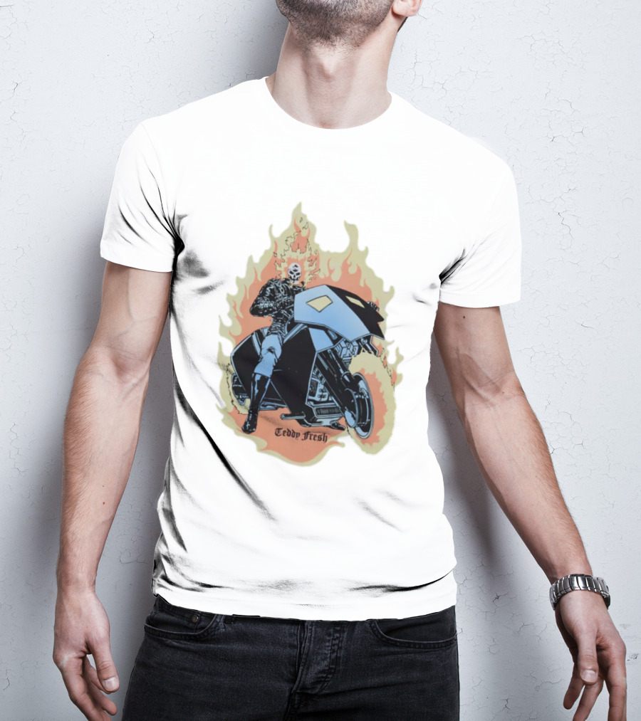 Teddy Fresh Tf X Marvel Ghost Rider Uv Activated Flames Motorcycle T-Shirt
