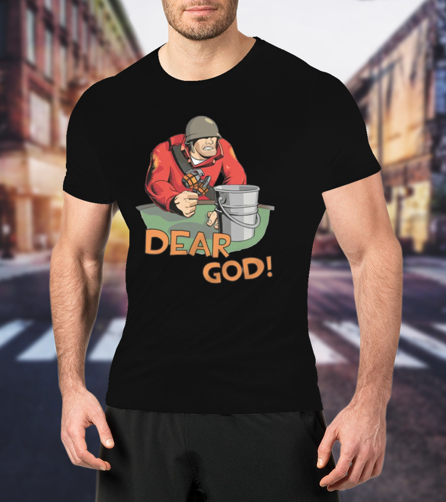 Team Fortress 2 Soldier Red Outfit With Grenade And Bucket Dear God T-Shirt