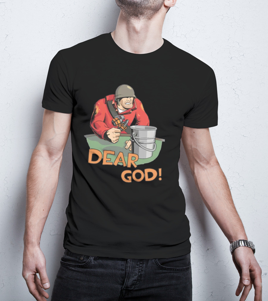 Team Fortress 2 Soldier Red Outfit With Grenade And Bucket Dear God T-Shirt