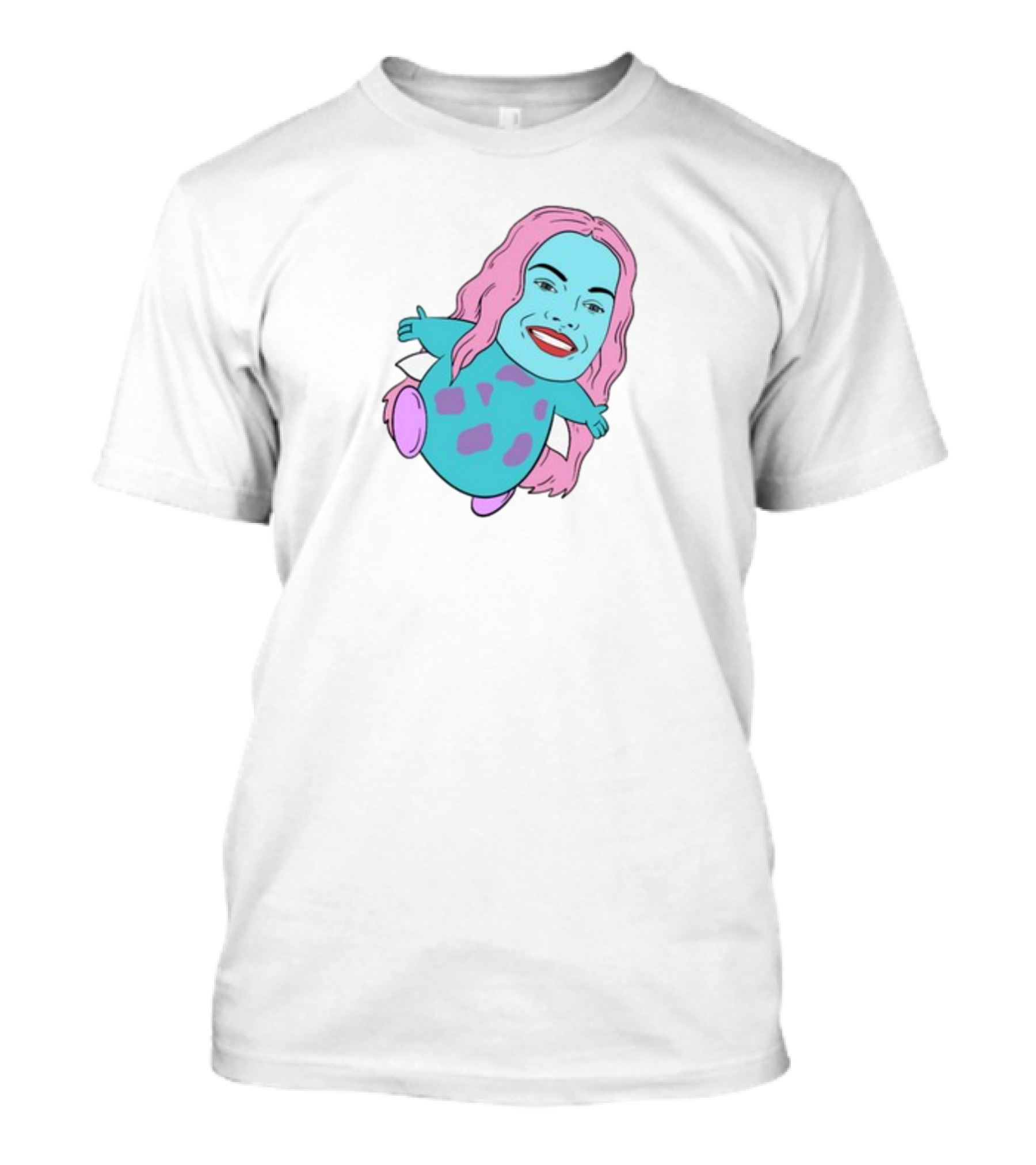 Margot X Bibble Fusion Cartoon Character With Pink Hair And Smiling Face On Blue Creature Body T-Shirt