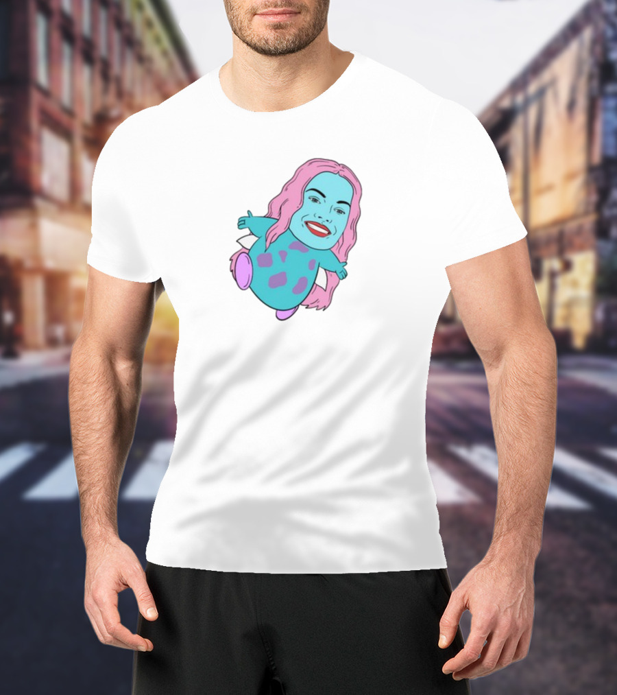 Margot X Bibble Fusion Cartoon Character With Pink Hair And Smiling Face On Blue Creature Body T-Shirt