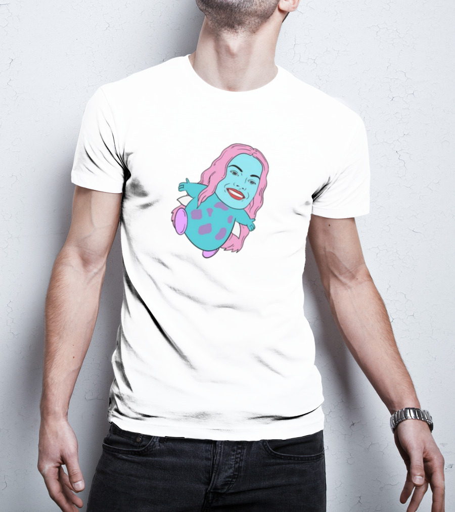 Margot X Bibble Fusion Cartoon Character With Pink Hair And Smiling Face On Blue Creature Body T-Shirt