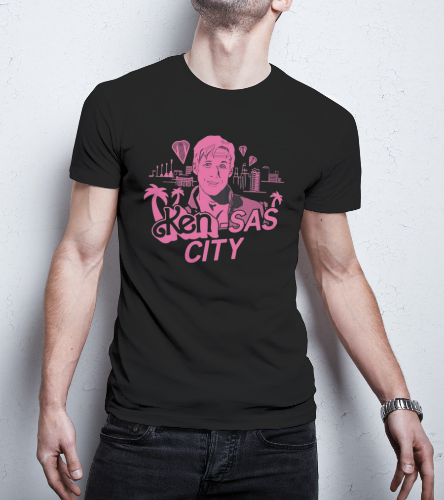 Ken-Sas City Pink Palm Skyline And Heart Balloons T-Shirt