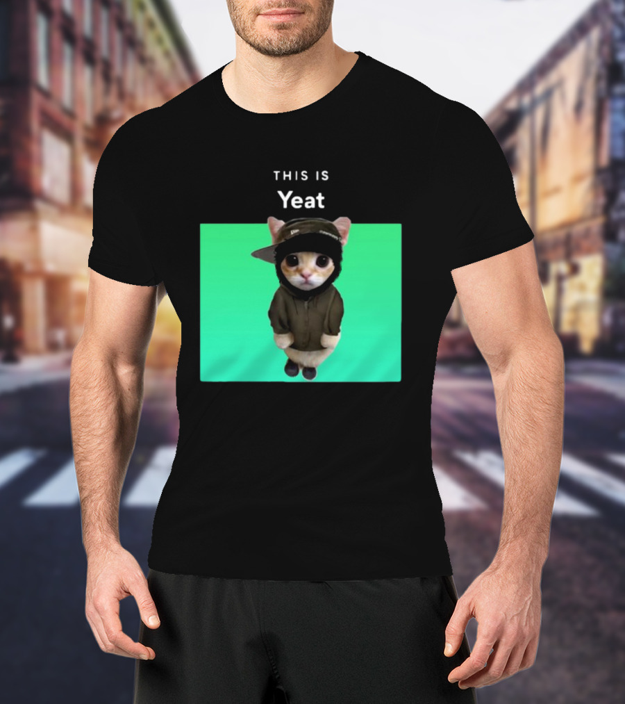 Yeat Cat Wearing Hoodie And Cap On Green Background T-Shirt