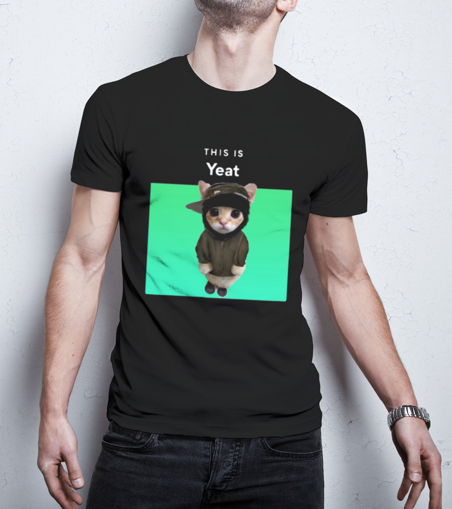 Yeat Cat Wearing Hoodie And Cap On Green Background T-Shirt