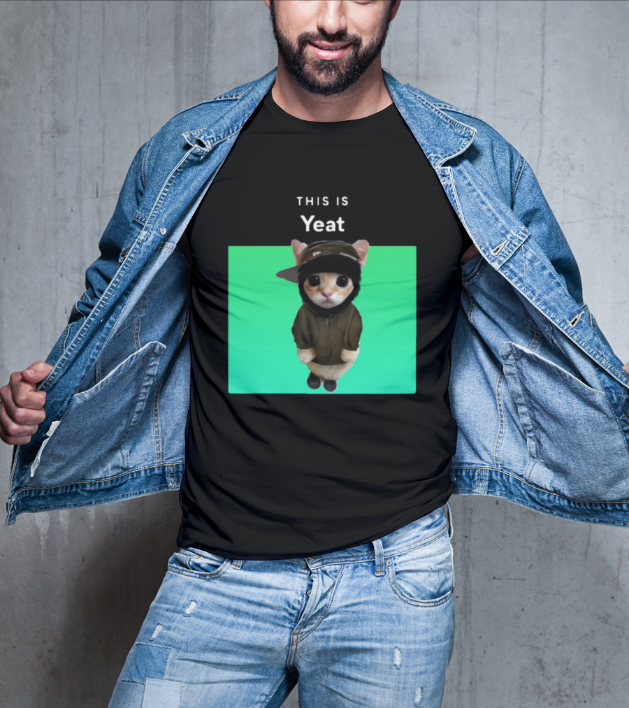 Yeat Cat Wearing Hoodie And Cap On Green Background T-Shirt