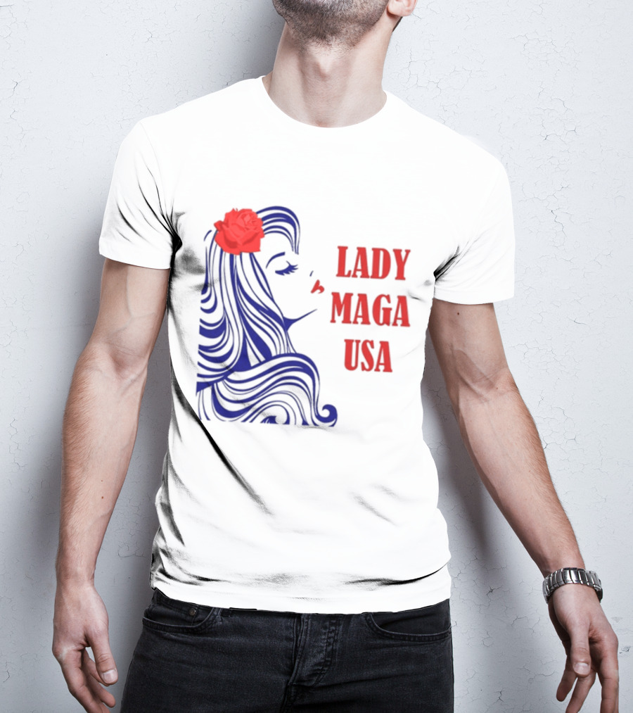 Lady Maga USA Bold Red And Blue Portrait With Rose T-Shirt