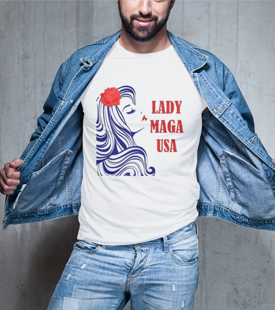 Lady Maga USA Bold Red And Blue Portrait With Rose T-Shirt
