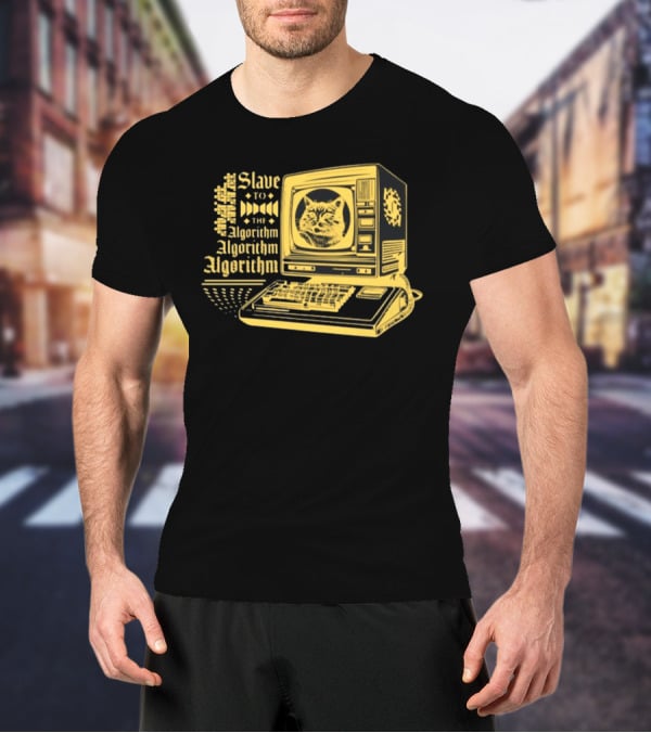 Freddytylerpaul Slave To The Algorithm Retro Computer Cat T-Shirt