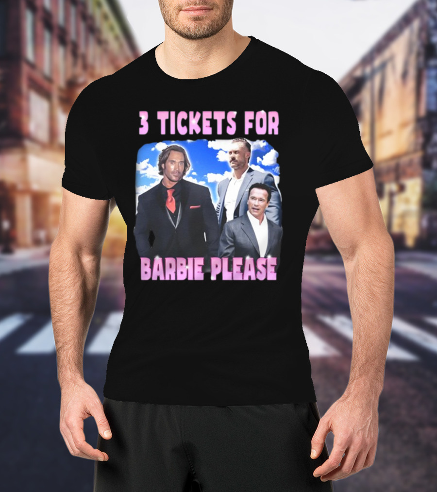 Memeabletees 3 Tickets For Barbie Please With Three Men In Suits T-Shirt