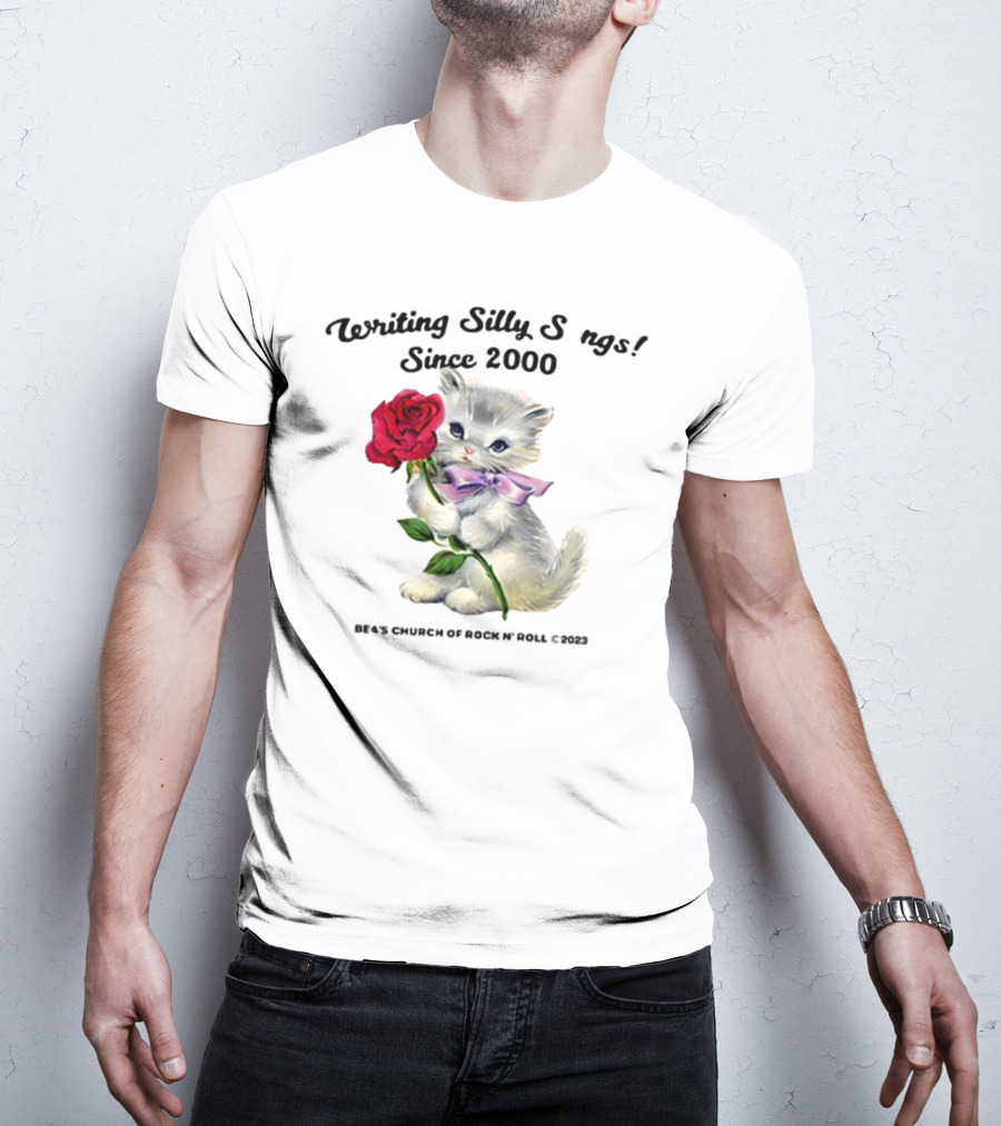 Writing Silly Songs Since 2000 Cute Kitten With Red Rose And Pink Bow T-Shirt