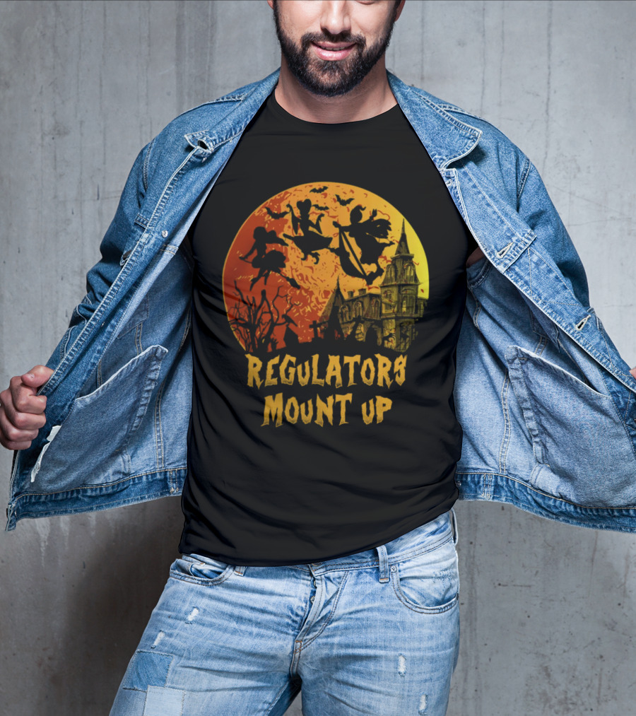 Regulators Mount Up Halloween Witches Flying Past Haunted House T-Shirt